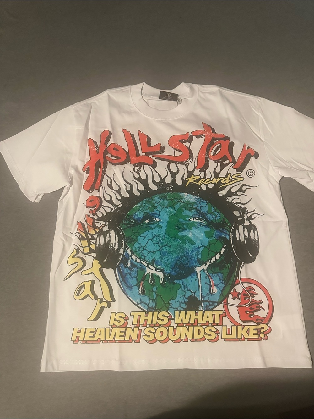 White Graphic Short-Sleeve Tee with Colorful Earth Headphone Print